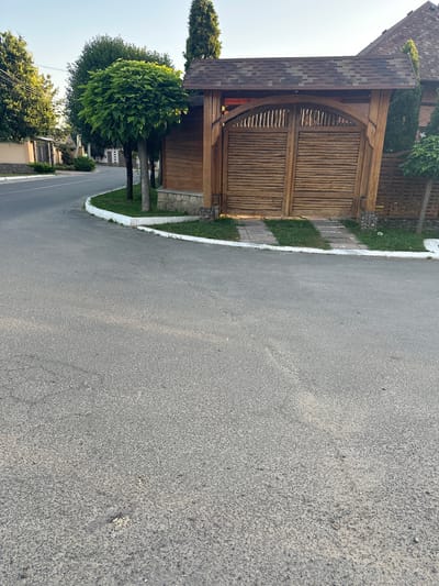 The image captures a street scene in Criuleni, Moldova. In the foreground, a paved asphalt road curves to the left. The road is bordered by a white curb and a strip of green grass.

To the right of the road, a large, rustic wooden gate stands prominently. The gate is constructed from rough-hewn wooden planks arranged horizontally, with an arched top. It is supported by thick wooden posts. The gate is set against a backdrop of a wooden fence and a building with a shingled roof. Several trees, including a tall, slender cypress and a tree with a rounded canopy, are positioned near the gate and along the street.

Further down the street, a light-colored fence lines the left side, and houses are visible in the distance. The sky above is clear and light blue, suggesting daytime. The overall impression is that of a residential area with a distinctive, handcrafted entrance.