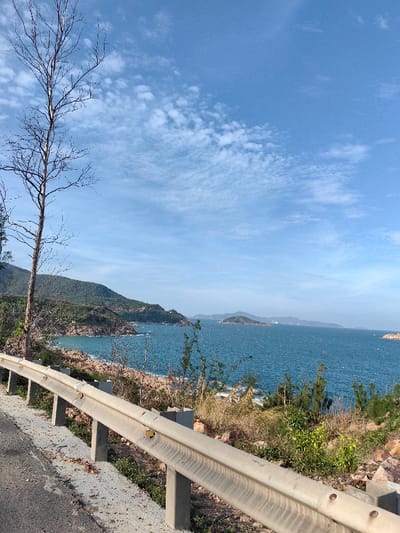 The image depicts a coastal landscape in Tuy Phong 4, Vietnam, under a bright, partly cloudy sky. In the foreground, an asphalt road runs along the left edge, bordered by a light-colored, corrugated metal guardrail supported by grey concrete posts, extending from the lower left towards the center right. Immediately beyond the guardrail, dry and green scrub vegetation covers a slope leading down to a rocky shoreline with dark blue ocean water showing light whitecaps.
On the far left, a tall, slender, deciduous tree with bare branches extends vertically into the sky. The midground features the expansive ocean, with a rugged, mountainous coastline extending from the left and receding into the distance on the right. Several small, green-covered islands or distant landmasses are visible on the horizon across the water. The sky is predominantly light blue with scattered white, wispy clouds. No people, vehicles, or specific actions are visible within the frame. The scene is illuminated by natural sunlight.