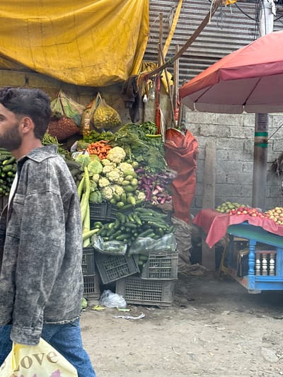 In Cherwan, India, a man walks through an outdoor market. He is wearing a gray, mottled jacket and blue jeans. He carries a yellow bag with the word "love" printed on it. The market is filled with stalls displaying a variety of fresh produce, including carrots, cauliflower, eggplant, cucumbers, and what appear to be citrus fruits. Tarps of yellow and red fabric provide shade. Crate-like containers hold some of the vegetables. A brick wall forms a backdrop to the scene.