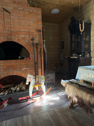 The image depicts the interior of a rustic room, likely a dacha or a rural dwelling, in the village of Vybolovo, Russia. The room has wooden paneled walls and ceiling, with a large brick fireplace dominating the left side. On the hearth of the fireplace, logs are visible. Beside the fireplace, there are tools for managing the fire, such as a poker and a brush. A metal stovepipe extends upwards from a small wood-burning stove positioned to the right of the fireplace.

In the foreground, a vintage wooden rocking horse, painted in white with red and yellow accents, is positioned on a textured metal floor mat. Another red rocking toy is partially visible to the left. Further back, a wooden cabinet with glass doors, filled with various items including what appear to be ceramic or wooden figurines and dishes, stands against the wall. A string of what looks like dried bagels or similar food items hangs from the top of this cabinet. To the right, a table is partially covered with a white lace tablecloth. In the immediate foreground, a bench covered with animal hide, possibly from a goat or sheep, is situated. The lighting suggests it is daytime, with sunlight streaming in and creating prominent shadows. The overall impression is one of a lived-in, traditional living space.