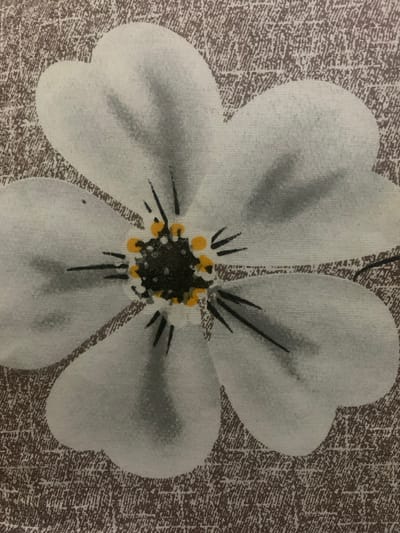 A white flower with four heart-shaped petals dominates the image. Grey shading emphasizes the petals' curves. The flower's center is black with small yellow dots. Thin, black lines radiate outward from the center. A textured, greyish-brown background with fine lines in a grid pattern surrounds the flower. The overall effect is a close-up, almost abstract, floral design.