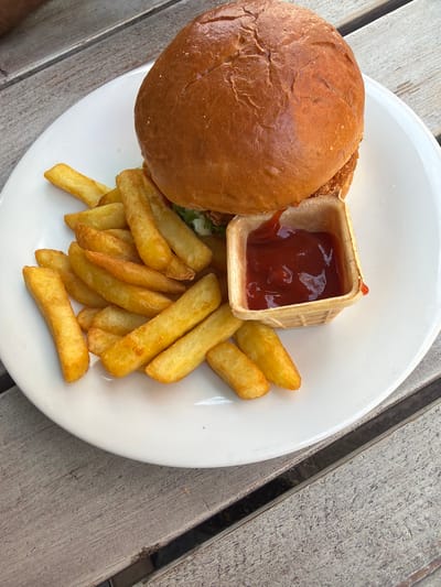 A close-up, top-down shot shows a hamburger with french fries and ketchup on a white plate, set on a weathered wooden table. The hamburger bun is golden brown and slightly cracked. A pile of golden-brown french fries is arranged on the left side of the plate. To the right of the fries is a small, square waffle cup filled with red ketchup. The wooden table has a gray, distressed finish. The scene is devoid of any people or explicit actions. The image quality is sharp and well-lit. Based on the information provided, the location is Lörrach, Germany.