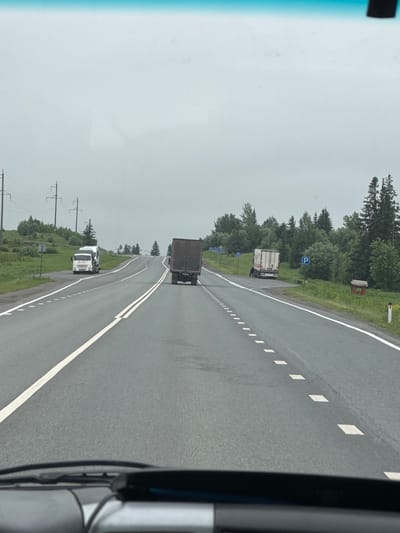 The image depicts a view from a vehicle traveling on a two-lane asphalt road under an overcast sky. The road stretches ahead, curving slightly to the left in the distance. The weather appears cloudy, with a bright, uniform light grey sky and no direct sunlight.
In the foreground, the road features a solid white line marking the right shoulder and dashed white lines separating the lanes of traffic. Another dark-colored box truck is visible in the middle distance, driving in the same direction as the viewer. Further ahead, on the right shoulder, a white box truck is parked or pulled over on a dirt strip adjacent to the road. Beyond this truck, several other white vehicles, possibly trucks or vans, are also parked along the roadside.
The landscape on the right side of the road consists of a grassy verge bordered by a dense line of tall green trees, primarily conifers. Two blue road signs are visible on this side: one is a square blue sign with a white 'P', indicating a parking area, located near the white parked truck. Another blue information sign, partially obscured, is further back. On the left side of the road, there is a grassy embankment leading to more trees, and a series of utility poles with power lines run parallel to the road. The far right edge of the frame shows a portion of the vehicle's interior, likely a windshield pillar or door frame. The scene suggests a rural or semi-rural highway in the vicinity of Alnashi, Russia.