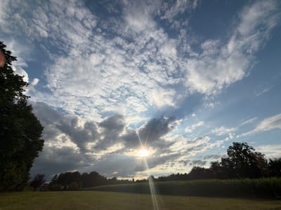 The image depicts a wide, grassy field in the foreground, with a dense line of trees and vegetation forming the horizon. The sky is a prominent feature, filled with a dramatic display of clouds. The sun is partially obscured by clouds, casting bright rays and a lens flare across the scene. The lighting suggests it is either sunrise or sunset. The overall environment appears to be rural. The location is Rettenbach, Germany. There are no people or specific objects of interest in the image other than the natural landscape and sky.