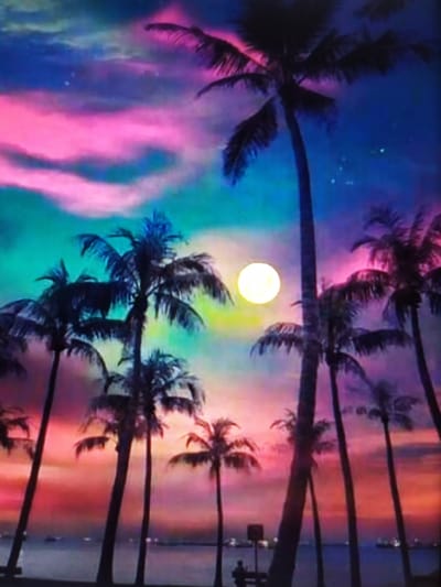 The image depicts a vibrant and colorful sunset or twilight scene over a body of water, likely a bay or ocean, with numerous silhouetted palm trees in the foreground. The sky is a dramatic blend of pink, purple, teal, and dark blue, with streaks of clouds and a bright, luminous full moon or a large, glowing orb positioned slightly to the left of the center. Several palm trees of varying heights and densities are scattered across the frame, their fronds creating a dark silhouette against the dazzling sky. In the distance, along the horizon line, faint lights suggest ships or boats. The water below reflects the colors of the sky and appears calm. Towards the bottom of the frame, a small, dark silhouette of a person is visible sitting on what appears to be a bench, next to a signpost. The overall impression is tropical and serene, with the vivid sky being the dominant feature.