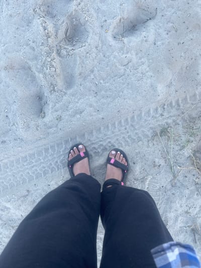 A person's feet are shown from a top-down perspective, standing on a sandy surface. They are wearing black pants and black sandals with pink accents. Their toenails are painted white. The sand appears to be dry and somewhat coarse, with small bits of dried grass and debris scattered across it. There are visible tracks or imprints in the sand, suggesting recent activity. The lighting suggests it is daytime, and the weather appears to be clear, as there are no shadows that would indicate an overcast sky. The scene is likely outdoors, possibly on a beach or a sandy trail, given the environment. There is no visible text in the image.