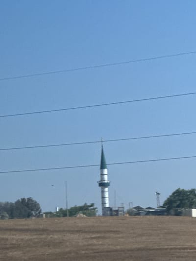 This media file depicts a partial view of a minaret, likely part of a mosque, set against a pale blue sky. The minaret is tall and slender, with a conical green top and a segmented white and metallic body. It is partially obscured by power lines that run horizontally across the frame. To the right, a textured, vertical element, possibly a wall or a large tree trunk, occupies the edge of the image. In the background, faint details suggest buildings and lush green trees, hinting at a developed or semi-developed area within the Bnei Shimon Regional Council, Israel. The lighting suggests it is daytime, with overcast or hazy conditions. No people or specific activities are discernable, focusing instead on the architectural element and its surroundings.