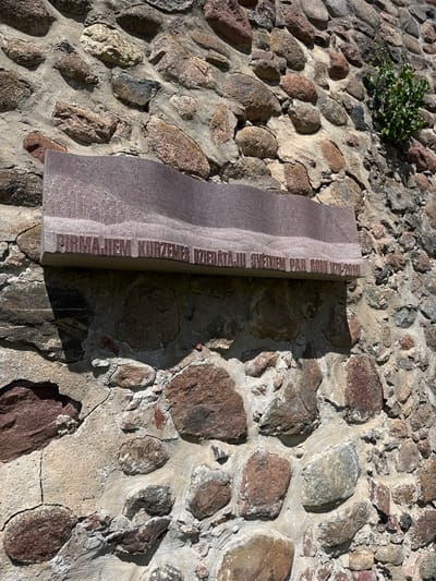 The image shows a stone wall with a commemorative plaque. The plaque is made of reddish-brown stone and is engraved with text and a stylized image of trees or a landscape. The text on the plaque reads "PIRMAJIEM KURZEMES DZIEDĀTĀJU SVĒTKIEM PAR GODU 1870-2010". This translates to "For the first Kurzeme Song Festival in honor of 1870-2010". The stone wall is constructed from irregular stones of various sizes and colors, cemented together. A small green plant is growing out of the top right portion of the wall. This plaque is located at the Dobele Evangelical Lutheran Church in Dobele, Latvia.