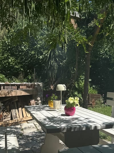 The image depicts an outdoor garden or patio setting on a sunny day in Bartula, Montenegro. In the foreground, a light-colored wooden slatted picnic table with integrated benches is centrally positioned, covered in dappled shadows from overhead foliage. On the tabletop, from left to right, a minimalist light green mushroom-shaped table lamp stands next to a small concrete pot containing purple flowers. Further right, a bright pink spherical vase holds a cluster of light green-yellow flowers.
In the mid-ground to the left, a stone and concrete outdoor cooking structure, likely a barbecue or grill, is visible with a metal grate on its surface. Below this structure, a pile of cut wooden planks and other debris is stacked. The ground beneath the table consists of light-colored stone paving slabs with sparse vegetation growing in the cracks.
The background is dominated by lush green vegetation. Overhead, numerous long, green, pod-like structures hang from an unseen tree, casting the aforementioned shadows. Various trees and bushes, including a palm-like plant on the right, form a dense green backdrop. A thick tree trunk rises vertically in the center-right portion of the image. No individuals are present in the scene.