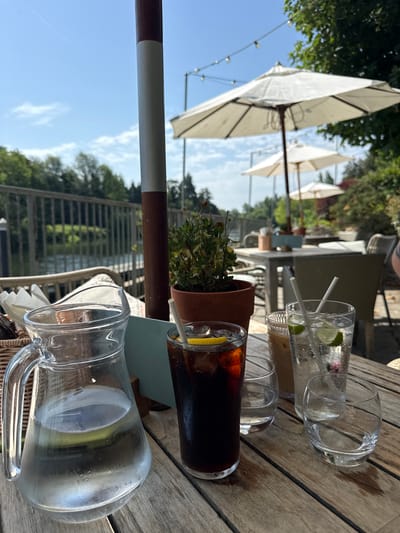 A close-up, low-angle, rotated shot shows a wooden table outdoors with several drinks and a potted plant. In the foreground, a glass pitcher filled with iced water is positioned on a woven placemat. Next to it is a tall glass containing a dark beverage with ice and a slice of lemon, accompanied by a straw. Behind that, another glass holds a lighter-colored drink with ice and lime slices, also with a straw. A small potted plant with green foliage sits between the drinks and the table's edge. In the background, several white market umbrellas are visible, partially obscuring trees and a clear blue sky. A string of lights hangs in the distance. The scene suggests a relaxed daytime setting, likely a cafe or restaurant patio, given the table setup and umbrellas. The condensation on the pitcher indicates a warm day. There is no visible text.
