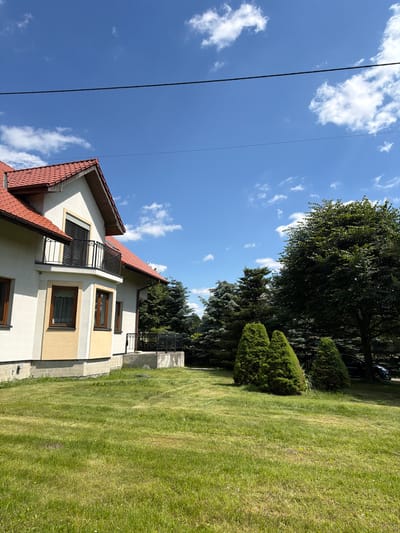 The image depicts a suburban residential scene in Strzyżowice, Poland, on a bright, sunny day with a clear blue sky dotted with scattered white clouds. A two-story house with a red tiled roof and cream-colored exterior walls is visible on the left side of the frame. The house has brown-framed windows and a balcony with a black metal railing. In front of the house, a well-maintained green lawn stretches outwards, interspersed with some patches of taller grass and clover. A cluster of evergreen trees, including conical shaped shrubs and taller fir trees, are situated in the middle ground, separating the house from a larger, dark green deciduous tree on the right. A dark-colored car is partially visible behind the evergreen trees on the right side of the image. The overall environment suggests a peaceful, domestic setting in a rural or semi-rural area.