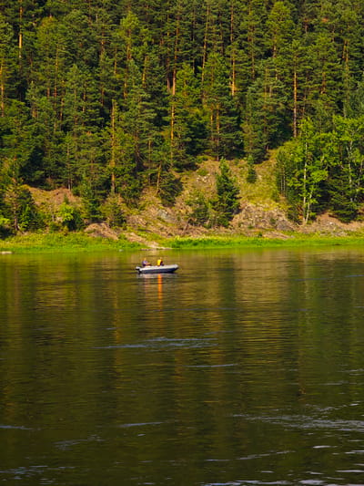 Two individuals are fishing in a small inflatable boat on a wide, calm river. The person in the front wears a blue shirt and the person in the back wears a yellow life vest. The river is surrounded by a dense forest of tall, green pine trees on a rocky, sunlit slope. The water reflects the trees and the sky, creating a shimmering effect. The overall scene depicts a peaceful, natural setting in the city of Beregovaya-Podemnaya, Russia.