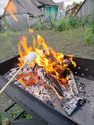 A marshmallow is being roasted over a campfire in a metal grill. The marshmallow is white and cylindrical, impaled on a wooden skewer. It is positioned near a large flame. The fire is burning in a black metal grill, with logs and ash visible within. The grill is set on a metal stand.
The background shows a rural setting, likely a backyard or garden. There are wooden structures with weathered siding and pitched roofs. Green vegetation, including trees and grass, is present. The sky appears overcast, suggesting either early morning or late evening. The overall mood is one of simple outdoor leisure. The location is identified as Vazerki, Russia. There is no visible text in the image.