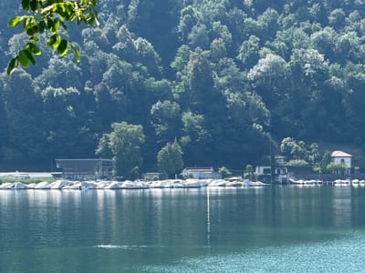 This media file captures a serene lakeside scene in Caslano, Switzerland. The foreground is dominated by the calm, blue-green waters of a lake, reflecting the surrounding environment with rippling patterns. In the distance, a shoreline is lined with numerous boats, most of which are covered with white tarps, suggesting they are either in storage or protected from the elements. A modern, multi-level structure with a grey roof stands prominently on the left side of the shore, possibly a boat storage facility or a building associated with a marina. Further to the right, a residential building with a red-tiled roof and white walls is visible, nestled amongst lush greenery.

The background features a densely wooded hillside, with trees of varying shades of green creating a textured, natural backdrop. The sunlight suggests it is a clear, bright day, likely during the daytime, given the strong illumination and shadows. The overall atmosphere is peaceful and tranquil, evoking a sense of quiet leisure often associated with lakeside settings. There are no visible people in the image. A small object, possibly a bird or a small craft, is visible in the water on the far left.