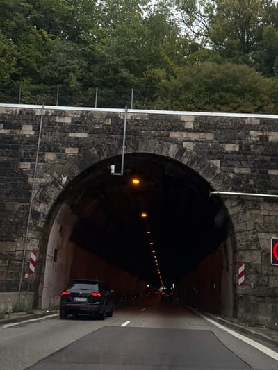 The image depicts the entrance of a vehicular tunnel in Wiesensteig, Germany. The tunnel features an arched entrance constructed from large, dark grey and brown quarried stone blocks. Above the arch, a matching stone retaining wall extends upwards, topped by a white border and a grey metal mesh fence. Dense green deciduous trees cover a hillside behind the fence, with an overcast sky partially visible above.

A two-lane asphalt road leads into the tunnel, marked with solid and broken white lines. A dark-colored SUV, likely black or dark grey, with illuminated red taillights and license plate "GP-FS 299", is positioned in the right lane, entering the tunnel. Further inside, multiple sets of red taillights indicate additional vehicles proceeding through the tunnel. The tunnel interior is illuminated by a series of amber/yellow lights along the ceiling.

On the left side of the tunnel entrance, a red and white diagonal striped hazard marker is affixed to the stone wall. A metal support pole extends upwards from the left arch, holding a small white device, possibly a camera or sensor. A small, light-colored, irregular object rests on the stone archway on the upper left. On the right side, another red and white diagonal striped hazard marker is visible behind a grey concrete barrier. A red circular traffic signal or warning light, showing a red indication, is partially visible on the far right. A horizontal silver-colored bar extends from the right side of the tunnel structure over the roadway, possibly supporting additional equipment. No individuals are visible outside the vehicles.