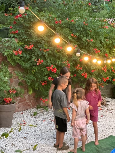 In Myskhako, Russia, four children are gathered in a garden at dusk, illuminated by string lights draped across a wall covered in dense green foliage and vibrant red trumpet vines. The ground is covered in white gravel, with a few fallen red petals scattered about. A large brown pot containing more of the red flowers sits to the left.
From left to right, a boy in a grey t-shirt and black shorts stands with his back to the camera, looking down. Next to him, a girl in a black t-shirt and grey shorts also looks down. A younger girl in a light pink patterned shirt and pink shorts is positioned in the foreground, facing away from the camera. To her right, a girl in a dark pink romper stands, also looking down.
The lighting suggests it is early evening, with the string lights casting a warm glow on the scene. The children appear to be interacting with something on the ground, though their specific actions are not discernible from the image. The overall atmosphere is one of a casual, outdoor gathering.