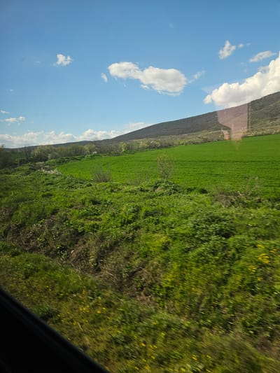 The image shows a rural scene, likely taken from a moving vehicle. The sky is blue with scattered white clouds. To the left, a mountain slope is visible with sparse vegetation. In the center is a large field of green grass and vegetation. The right foreground shows blurred green vegetation, possibly bushes or trees. The lower right corner includes a part of what appears to be a car window. The location is potentially near Topolitsa, Bulgaria, but without further detail, specific landmarks cannot be identified. There are no people visible in the image.