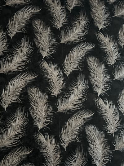 The media file is a close-up, top-down view of a dark patterned wallpaper featuring a repeating motif of light-colored feathers. The feathers are rendered in a detailed, almost illustrative style, with delicate barbs fanning out from a central shaft. They are arranged in a seemingly random yet aesthetically pleasing pattern across the entire frame, with some feathers overlapping others. The background is a deep, textured black, which makes the light grey feathers stand out prominently. The lighting appears to be consistent throughout, suggesting an indoor setting or an evenly lit outdoor environment. There are no visible people, animals, or distinct objects other than the feathers themselves, which are the primary subject. The scene evokes a sense of elegance, lightness, and perhaps a touch of nature or fantasy due to the feather motif. There are no discernible location cues, time of day, weather, or emotional expressions, as the image is an abstract pattern. No text is visible within the media file.