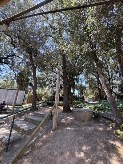 The image depicts a sun-dappled park setting in l'Ametlla del Vallès, Spain. Dominating the scene are mature trees with lush green foliage, casting intricate shadows on a gravel pathway. In the foreground, a rustic wooden post and railing suggest a pathway or walkway. To the right, a rough stone structure, possibly a bench or part of a fountain, is partially visible. Further back, steps made of stone lead up to an area with ivy-covered walls. In the distance, a building with a blue window can be seen through the trees. A small section of a white screen or panel is visible on the lower right, and a person in a blue shirt is seated nearby. The time of day appears to be late morning or early afternoon, given the bright sunlight and the angle of the shadows. The weather seems pleasant and sunny. The overall atmosphere is tranquil and natural, characteristic of a park or garden. No visible text is present in the image.