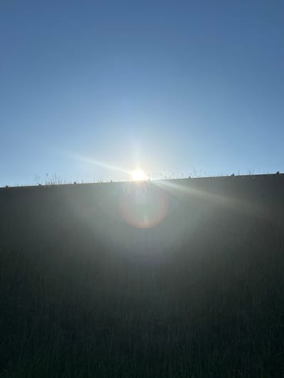 The image depicts a bright, sunlit scene, likely outdoors, with a clear blue sky dominating the left side of the frame. A prominent sunburst effect emanates from the center-left, casting a strong glare and lens flare across the image. The right side of the image is occupied by a dark, textured surface that appears to be a field of grass or crops, viewed from a low angle. The horizon line is blurred by the intense sunlight and the texture of the dark surface. The sun appears to be low in the sky, suggesting it is either early morning or late afternoon. The light is intense and the sky is cloudless, indicating fair weather. There are no visible people or discernible objects in the scene, apart from the natural elements of the sky and vegetation. The image's orientation is vertical. The provided location context is Лунненскі сельскі Савет, Belarus, suggesting the scene is within this rural area.