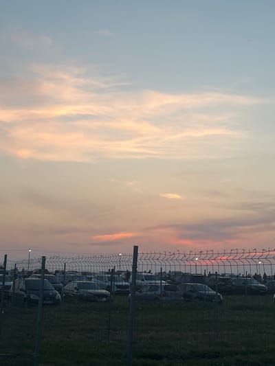 The image depicts an outdoor parking lot filled with numerous cars, observed from behind a wire fence. The sky above is a soft gradient of blue transitioning into hues of pink and orange, indicative of either sunrise or sunset. Several figures, presumably people, are visible amidst the parked vehicles, some appearing to stand or walk around. The ground appears to be covered in grass. The setting is likely the city of Surakovo, Russia, as indicated by the provided context.