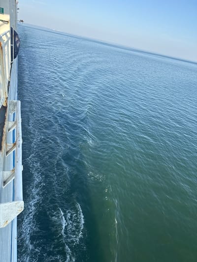 An eye-level exterior shot shows a view from the side of a large white vessel, possibly a ferry, moving through calm, blue-green ocean water. The vessel's hull, painted white with blue accents and showing signs of rust on its railings, occupies the left side of the frame. The wake of the vessel is visible as white foam trailing behind it. The ocean extends to the horizon, where it meets a clear, pale blue sky. In the distance, barely visible on the horizon, are faint, dark shapes that could be land or other vessels. The water's surface has gentle ripples, reflecting the sunlight and creating a shimmering effect. Three small birds are flying over the water, and the scene is bathed in natural daylight. There are no people visible in the image. The location is unknown, Lithuania.
