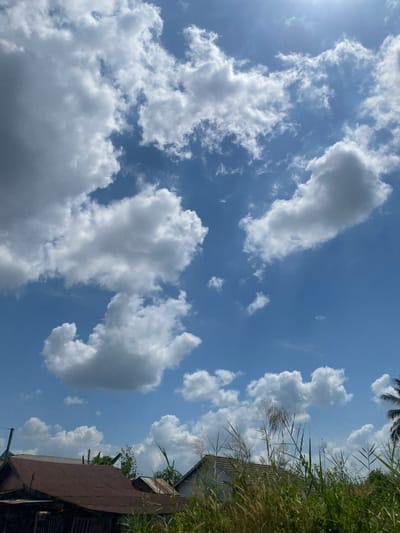 The image shows a bright, sunny day in Berangas Timur, Indonesia, with a clear blue sky filled with fluffy white cumulus clouds. The sun is visible in the upper right corner of the image, casting a slight glare. In the foreground, the roofs of several houses are visible, some with weathered, rusty corrugated metal roofs and others with lighter colored tiles. Tall green grass and reeds grow in front of the houses, obscuring some of the lower structures. A palm tree is partially visible on the far right edge of the image. There are no people or animals visible in the scene. The overall impression is of a peaceful, rural or semi-rural setting on a pleasant day.