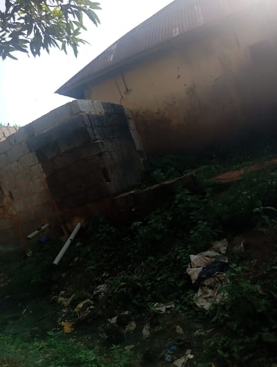 The image depicts an exterior view of a dilapidated structure with a corrugated metal roof and rough, uneven walls, likely in Gwagwa, Nigeria. The building is set against an overgrown, natural environment with lush green vegetation. In the foreground, a concrete block wall stands, partially covered in dark, stained material, suggesting dampness or decay. Two white pipes protrude from the wall, one angled downwards and the other extending horizontally. Beneath the wall, debris and trash are scattered among the dense foliage. A large, light-colored, partially damaged object, possibly a water tank or cistern, is visible adjacent to the block wall, also showing signs of wear and tear. The overall scene conveys a sense of neglect and disrepair.