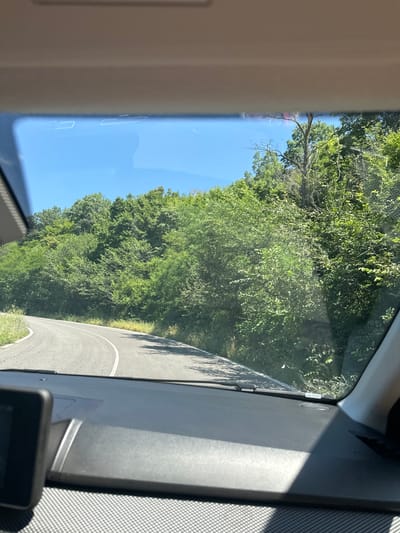 The image shows a view from inside a car looking out through the windshield onto a winding asphalt road bordered by dense green trees. The sky is clear and blue. A black device, possibly a dashcam, is mounted on the car's dashboard in the lower left corner. The road curves to the left, with white lines indicating the lanes. The environment suggests a rural or natural setting, possibly in or around Karnare, Bulgaria, given the terrain and vegetation. The lighting indicates it is daytime.