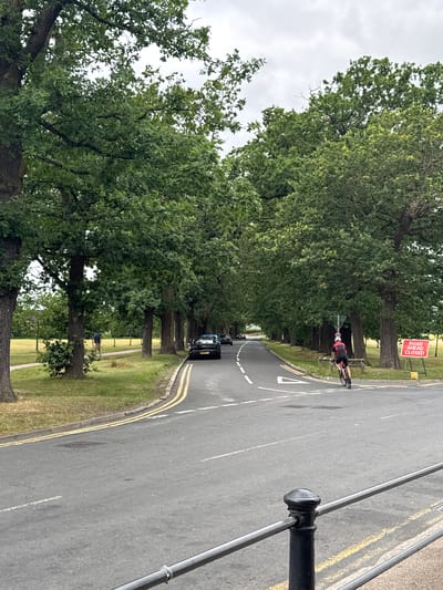 The image depicts a tree-lined road in Epping Forest, United Kingdom. The road is paved and has double yellow lines on the side. A black car is parked on the right side of the road, and another vehicle is further down the road. A cyclist wearing a red and black outfit is riding a bicycle on the road. A red and white "ROAD AHEAD CLOSED" sign is visible on the right side of the road. The environment is characterized by large, mature trees with lush green foliage, and a grassy area on the left side of the road. The sky is overcast.