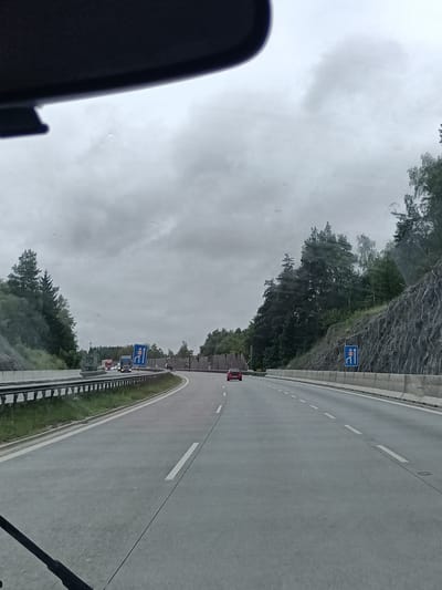 The image depicts a highway scene under an overcast sky, likely on a stretch of road with both natural and man-made barriers. On the left side of the highway, there is a metal guardrail, followed by a grassy area, and then a dense forest with tall trees. The highway itself is paved with gray asphalt, marked with white lane lines. On the right side, there is a concrete barrier, and beyond that, a rocky embankment covered with vegetation and secured with a mesh-like structure.
Several vehicles are visible on the highway. In the distance on the left, there are multiple trucks. A red car is present in the right lane further ahead. Blue highway signs are posted along the right side of the road. One sign features two blue upward-pointing arrows, indicating lane continuation, and a number "200" which likely represents a distance. Another similar sign is visible further down the road. The perspective suggests the photo was taken from inside a vehicle moving along the highway. There are no discernible buildings or urban structures in the immediate vicinity, indicating a more rural or highway environment. The general impression is one of travel on a multi-lane road through a forested area.