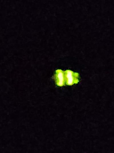 In a dimly lit, textured environment, two bright, lime-green light sources are visible. They are positioned side-by-side, with a slight gap between them, and appear somewhat oblong and blurred, suggesting they might be part of a larger object or display. The background is uniformly dark and appears grainy, adding to the overall impression of low light conditions. No other details are discernible in the image, including any specific location in Kurovo, Russia.