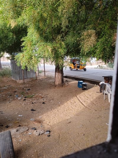 A sun-drenched scene shows a dirt ground littered with debris. A large tree dominates, casting a shadow on the right where a person sits on a white chair. Two blue boxes sit nearby. Behind the tree, a yellow auto-rickshaw travels down a paved road. A corrugated metal structure stands on the left, near another tree. The view is partially framed by a window or doorway.