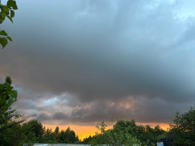 The image depicts a dramatic sky scene in Petukhi, Russia, likely during or just before a storm. The upper portion of the frame is dominated by a vast expanse of dark, heavy clouds, suggesting impending rain or a storm. These clouds are a muted, cool gray, with some lighter areas hinting at breaks or thinner patches. Towards the horizon, a vibrant band of orange and yellow light breaks through, indicating the setting or rising sun. This warm glow contrasts sharply with the dark overhead clouds, creating a visually striking effect.

Below the sky, a dense line of green trees stretches across the middle ground, forming a natural barrier. The foliage appears lush and varied, with some trees being taller and more pointed, characteristic of conifers, while others are broader and bushier. In the foreground, parts of other trees and branches are visible, particularly in the upper left and right corners, framing the scene.

On the right side of the image, a small, rustic structure is partially visible, with a dark roof and what appears to be a blue-gray side. Some indistinct markings or graffiti are present on the side of this structure. Power lines are faintly visible stretching horizontally across the sky above the trees. The overall impression is one of a natural landscape at the edge of a settlement, with the raw power of the weather about to unfold. There are no people or animals visible in the image. The environment is predominantly natural, with a hint of human presence through the structure and power lines.