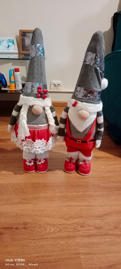 This media file features two decorative gnomes, likely intended for holiday display, standing side-by-side on a wooden floor. The gnome on the left is dressed in a gray conical hat adorned with sequins and red berries, a white fuzzy trim, and striped sleeves. It wears a gray knitted dress with a red skirt trimmed with white lace and red boots with white flower details. White braided pigtails hang from its sides. The gnome on the right wears a similar gray sequined hat with a white pom-pom, white fuzzy trim, and striped sleeves. It is dressed in a gray patterned vest over a white shirt, red overalls with a black belt, and red boots with red embellishments. Both gnomes have round, light-colored noses and appear to be holding hands.
The background is a plain, light-colored wall with an electrical outlet visible. To the left, on a shelf, are some framed pictures and a few bottles, including one that appears to be sunscreen. The overall impression is of a domestic setting, possibly a home interior.
The lighting suggests it could be daytime, as the scene is well-lit, but there are no direct indicators of natural light or weather conditions. The presence of the gnomes suggests a festive or seasonal context, likely related to winter holidays.
Visible text at the bottom of the image reads "vivo Y33s" and "22 июн. 2026 г., 20:43". This indicates the device used to capture the image and a date and time stamp, suggesting the photo was taken on June 22, 2026, at 8:43 PM.
The location context provided is Oława, Poland.