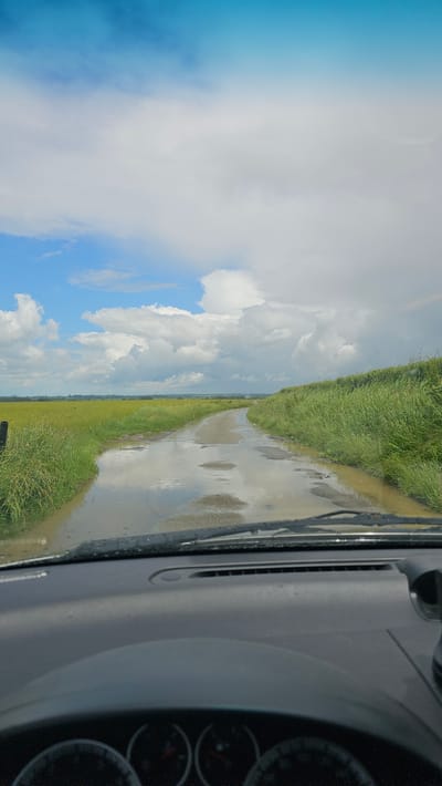 The image captures a rural landscape seen from inside a vehicle, likely a car or truck, looking out through the front passenger side window. The scene is dominated by a bright blue sky filled with large, fluffy white cumulus clouds, suggesting a clear day with scattered cloud cover.

In the mid-ground, a wide, shallow body of water, possibly a flooded dirt road or track, stretches diagonally from the lower center towards the upper right. This water acts as a mirror, reflecting the blue sky and white clouds above, creating shimmering patterns on its surface. Lush green grass and other low-lying vegetation line both sides of this watery path, with particularly dense and tall grass visible on the immediate right, suggesting a roadside or field edge. Beyond the immediate foreground, flat green fields extend to the horizon under the vast sky.

The right side of the frame shows the interior of the vehicle, including a grey dashboard with visible air vents and a smooth, slightly textured surface. Part of the instrument cluster with circular gauges is visible towards the far right. The top edge of the windshield and a portion of a wiper blade can be seen through the glass, slightly obscured by small water droplets or reflections on the windshield itself.

The overall impression is of a calm, expansive outdoor scene, likely in the countryside near Walcourt, Belgium. The bright lighting indicates it is daytime, possibly late morning or early afternoon. There is no visible text in the image.