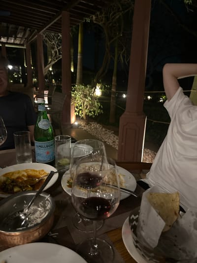 The scene depicts a nighttime dining experience at an outdoor or semi-outdoor restaurant in Betalbatim, India. The image focuses on a table with partially consumed food and beverages, with two individuals visible.

On the left, a male is partially visible, wearing a dark-colored short-sleeved shirt. On the right, another individual is partially visible, wearing a white short-sleeved t-shirt, with their right arm raised and bent at the elbow.

The table is set with multiple brown patterned placemats. Visible items include a green glass bottle of S.Pellegrino sparkling water, three clear drinking glasses (one containing water, one with a lime wedge and residue, one inverted), and four wine glasses (two containing red wine, two empty or inverted). Several white plates hold remnants of food, including a curry-like dish and what appears to be rice in a copper bowl with a serving spoon. A woven basket lined with white paper contains a piece of flatbread. Silverware is present on the plates.

The environment is dimly lit by artificial lights. Overhead, a wooden trellis structure is visible, supported by reddish-brown pillars. In the background, outdoor landscaping is present, featuring illuminated bushes, several tall trees, and a ground covered with light-colored pebbles. Distant lights are blurred in the dark background, suggesting a garden or resort setting.