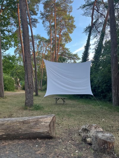 A white projection screen is set up in a wooded area in Sonchamp, France, between tall pine trees. The screen is rectangular and appears to be made of fabric, suspended by thin ropes attached to poles or trees. In front of the screen, a small, simple wooden picnic table is visible. The ground is covered with dry grass and pine needles. To the left of the screen, a large, fallen tree trunk lies horizontally. In the background, lush green foliage and trees create a dense forest environment. The sky above is a clear blue with a few wispy clouds. The overall scene suggests an outdoor cinema or gathering space in a natural setting.