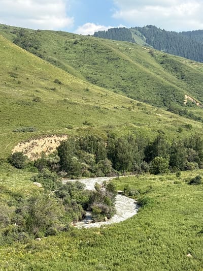 The image shows a wide, winding river flowing through a lush green valley. The valley is surrounded by rolling, grassy hills covered in vegetation. In the background, a range of taller, tree-covered mountains can be seen. The sky is partly cloudy with patches of blue. The scene appears to be a natural landscape, possibly in a mountainous region. The provided crops indicate a location in Koktobe, Kazakhstan.