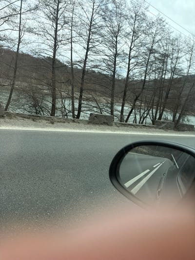 The image captures a roadside view near Brezoi, Romania, from the perspective of a vehicle. A light-skinned human finger is partially visible in the bottom right corner, partially obscuring a black side-view mirror. The mirror reflects a paved road with double white lane markings receding into the background, alongside a portion of the vehicle's bodywork. The primary scene features a dark gray asphalt road in the foreground. Above the road, a light beige dirt embankment supports a low concrete barrier constructed from several irregular blocks. Beyond this barrier, a body of light blue-gray water with visible ripples extends horizontally. The far bank of the water is densely populated with numerous tall, slender deciduous trees, all bare of leaves, suggesting a late winter or early spring season. In the distant background, treed hills or mountains rise under an overcast, light gray sky.