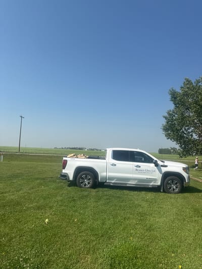 In a rural setting in Alberta, Canada, a white GMC Sierra pickup truck is parked on a grassy field under a clear blue sky. The truck bed contains several pieces of firewood. A large green tree is visible to the right of the truck, and in the distance, a person can be seen walking. The landscape appears to be farmland, with fields stretching to the horizon and a solitary power pole standing in the middle distance. The scene is illuminated by bright sunlight.