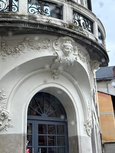 An upward-angled view captures the ornate facade of a building located in Chambéry, France. The central focus is an arched opening on the ground level, surmounted by elaborate decorative relief work in light-colored stone or stucco. Above the arch, a carved female head with flowing hair, flanked by scrollwork and shell motifs, serves as a prominent keystone or corbel. Extending horizontally from this central figure and along the arch are relief carvings of floral garlands and foliage.
Above the ground-level ornamentation, a curved balcony or upper floor structure extends, featuring a weathered balustrade of light-colored stone topped with intricate black wrought-iron railings displaying scroll patterns. Dark staining and moss are visible beneath the balcony. The arched opening below is fitted with a dark gray multi-paneled door or window, the upper section of which is fan-shaped. Reflections of bare tree branches are visible in the glass. A small red object, possibly a sticker or sign, is affixed to the lower left portion of the door/window frame.
The building's lower section transitions to a darker, possibly stone, base. The sky is overcast and uniformly gray, and visible moisture spots suggest water on the lens or a damp environment. To the right of the main building, a section of an adjacent structure with a dark tiled roof and a muted orange-ochre wall is partially visible. No people are present in the scene.