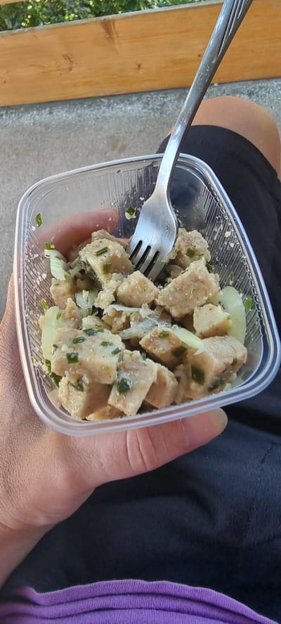 The image shows a close-up view of a person's hand holding a clear plastic container filled with a chopped food mixture, likely a salad or side dish. The mixture appears to contain cubed pieces of a pale, possibly starchy ingredient, interspersed with chopped green onions and a creamy dressing. A silver fork is inserted into the container, with its tines partially submerged in the food. The background consists of a blurred wooden surface above a concrete ground. The person is wearing black shorts and a purple garment that is visible at the bottom of the frame. The scene is set outdoors, suggested by the presence of greenery and sunlight in the background. There is no specific indication of the location within the city of Höslwang, Germany.