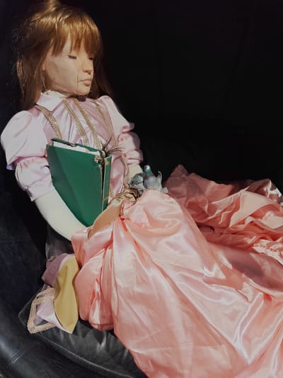 A doll with light brown hair and a cracked face is lying on its back on a dark surface, possibly a couch or bed. It is wearing a pink satin dress with puffed sleeves and gold trim. The doll is holding a green book, and a small grey bird figurine is perched on top of the book. The doll's right arm is bent, and its head is tilted to the side, with its eyes closed. The fabric of the dress is draped around the doll, creating folds and shadows. The background is dark and out of focus. The location in the city of Kirrwiller, France is not visible in the image.