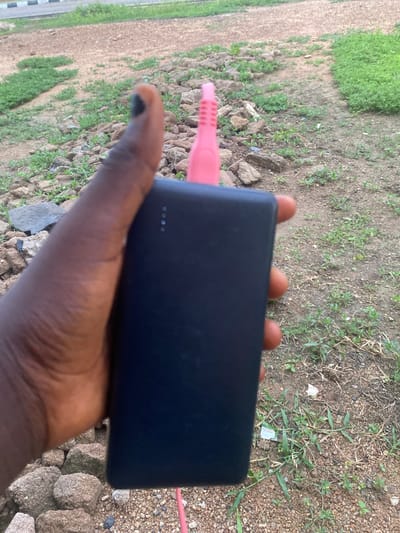 The image shows a close-up of a person's hand holding a black power bank. The power bank has four small LED indicator lights visible on its surface. A pink charging cable is plugged into the power bank, with the connector and a portion of the cable visible. The background consists of dry, uneven ground with sparse green vegetation and some rocks. The lighting suggests it might be daytime, possibly outdoors. The scene appears to be a casual setting, possibly in a rural area given the ground texture and vegetation. There is no visible text in the image. The image is oriented vertically.