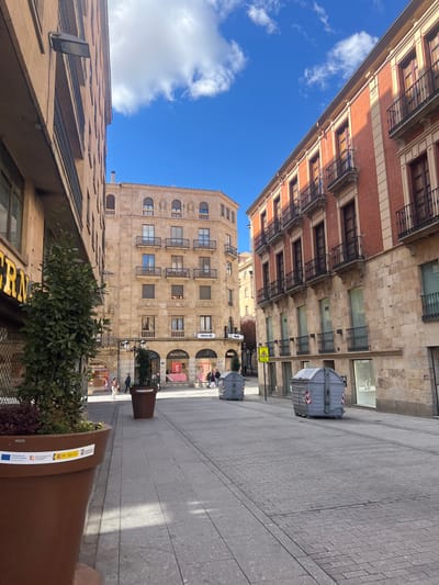 The image captures a street scene in Salamanca, Spain, looking up between buildings towards a blue sky with scattered clouds. The street, paved in gray stone, is bordered by a mix of architecture. Tall buildings line the sides of the street, featuring brick facades with balconies and stone structures with multiple windows.

A trash container is visible on the right side of the street. Sidewalk planters with foliage are along the edge of the pavement. Pedestrians can be seen further down the street, suggesting a bustling urban environment. The image is taken from a low angle, emphasizing the height of the buildings and the openness of the sky.