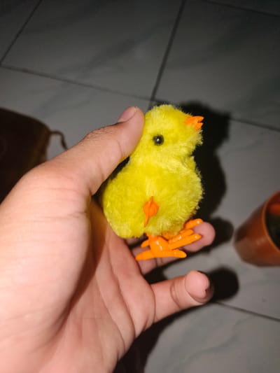 A close-up shot captures a hand holding a small, fluffy yellow toy chick with orange feet and beak. The chick has a black bead for an eye and a small orange wind-up mechanism on its back. The hand, appearing to be an adult's, is positioned to display the toy. The background is blurred, showing a tiled floor and the side of a brown object, possibly a cup or container. The lighting is dim, creating shadows. The scene appears to be indoors, in a residential setting in Barengkrajan, Indonesia.