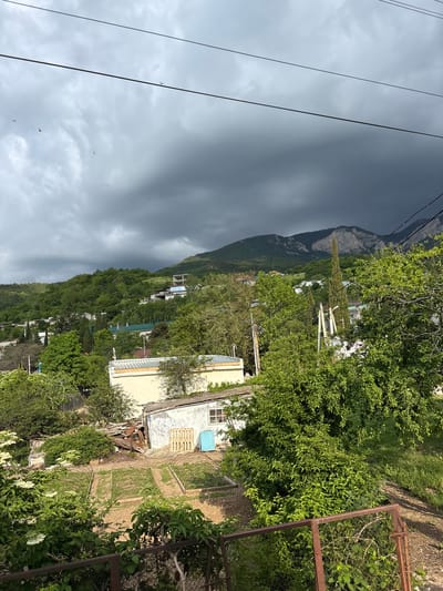 The scene is a residential area in Zaprudnoe, Ukraine. It is an outdoor, daytime shot, taken from an elevated position. A gray sky is prominent, indicating stormy weather. A mountain looms in the background, partially obscured by the dark clouds. Below the mountain, a hillside is dotted with houses and abundant green vegetation, likely trees and shrubs. In the foreground, there is a house with pale yellow walls and a patched-up window. Adjacent to the house is a garden area with trellises, some covered with clear sheeting, and white flowers. A rusted metal fence is also visible. Overhead power lines cut across the top of the frame.