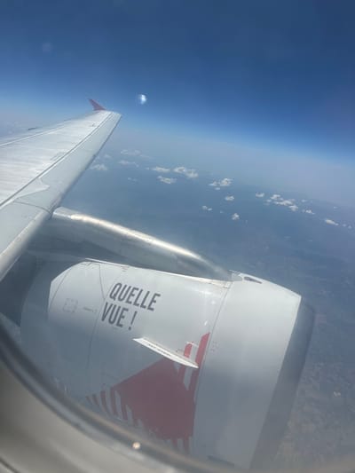 This is an aerial view from an airplane window. The foreground features the white engine nacelle of the aircraft, with the French phrase "QUELLE VUE!" (What a view!) printed on it in black. A red and white graphic design is visible on the lower part of the nacelle. A portion of the airplane's wing is also visible in the upper left, with a red tip. The background shows a hazy landscape under a clear blue sky dotted with small white clouds. The landscape appears to be rural, with visible fields and possibly some scattered buildings. There are no people or interactions depicted in the image. The image was taken while flying over the territory of Sant'Alessio con Vialone, Italy.