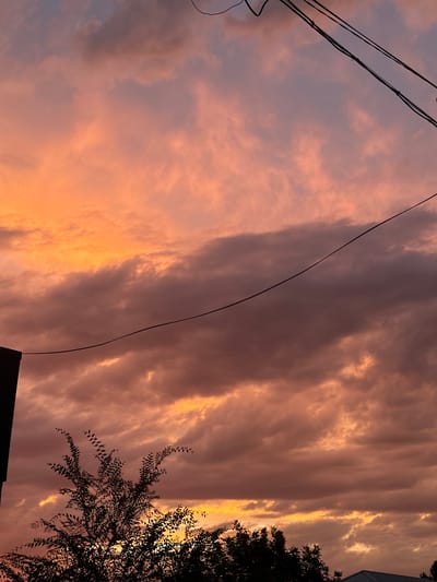The image shows a dramatic sunset over the village of Sarymoldayev, Kazakhstan. The sky is filled with vibrant hues of orange, pink, and purple, with clouds casting long shadows. In the foreground, the silhouette of a tree and some power lines add a sense of depth and urbanity to the natural landscape. The overall impression is one of a serene and picturesque evening.